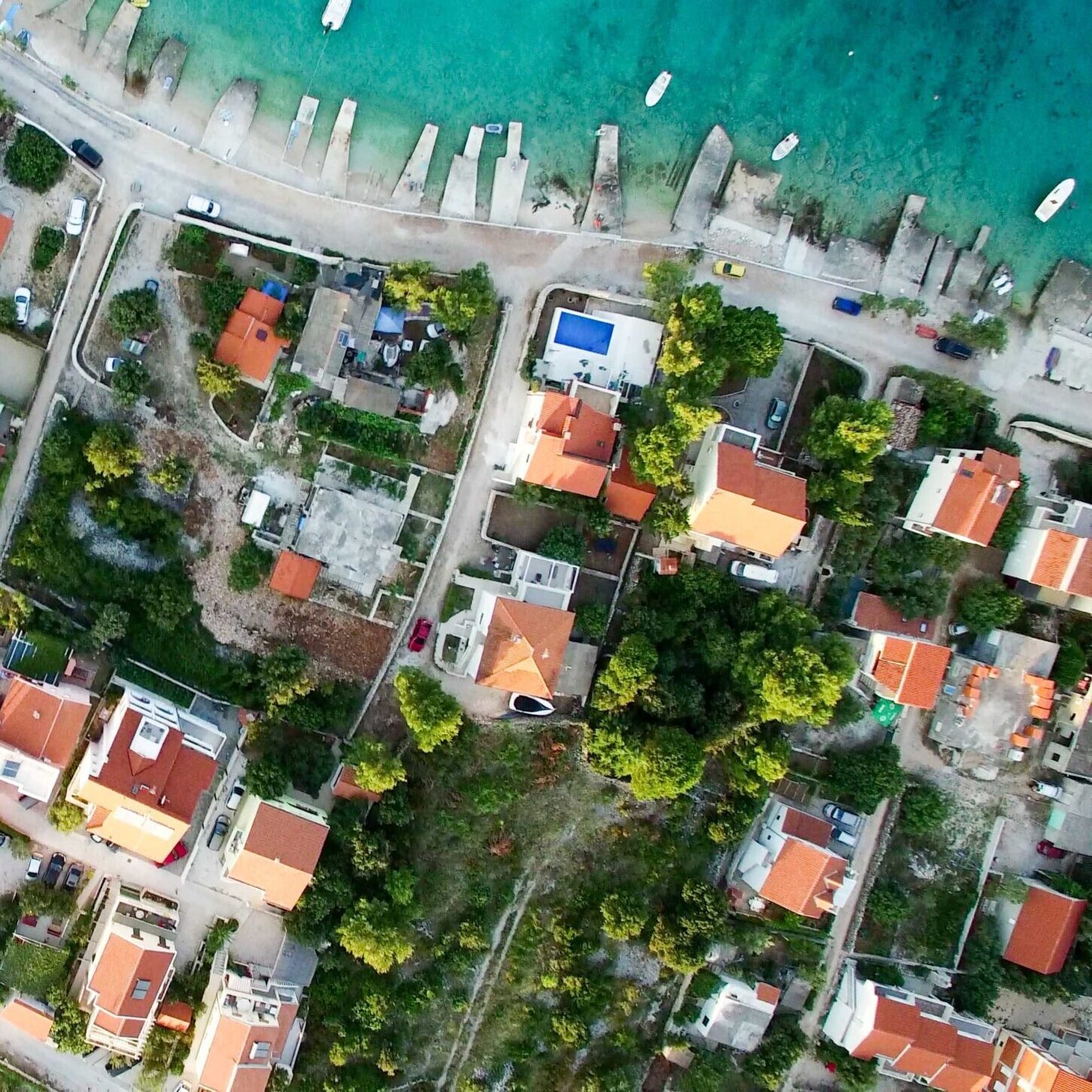 Bird's eye view of coastal neighborhood.