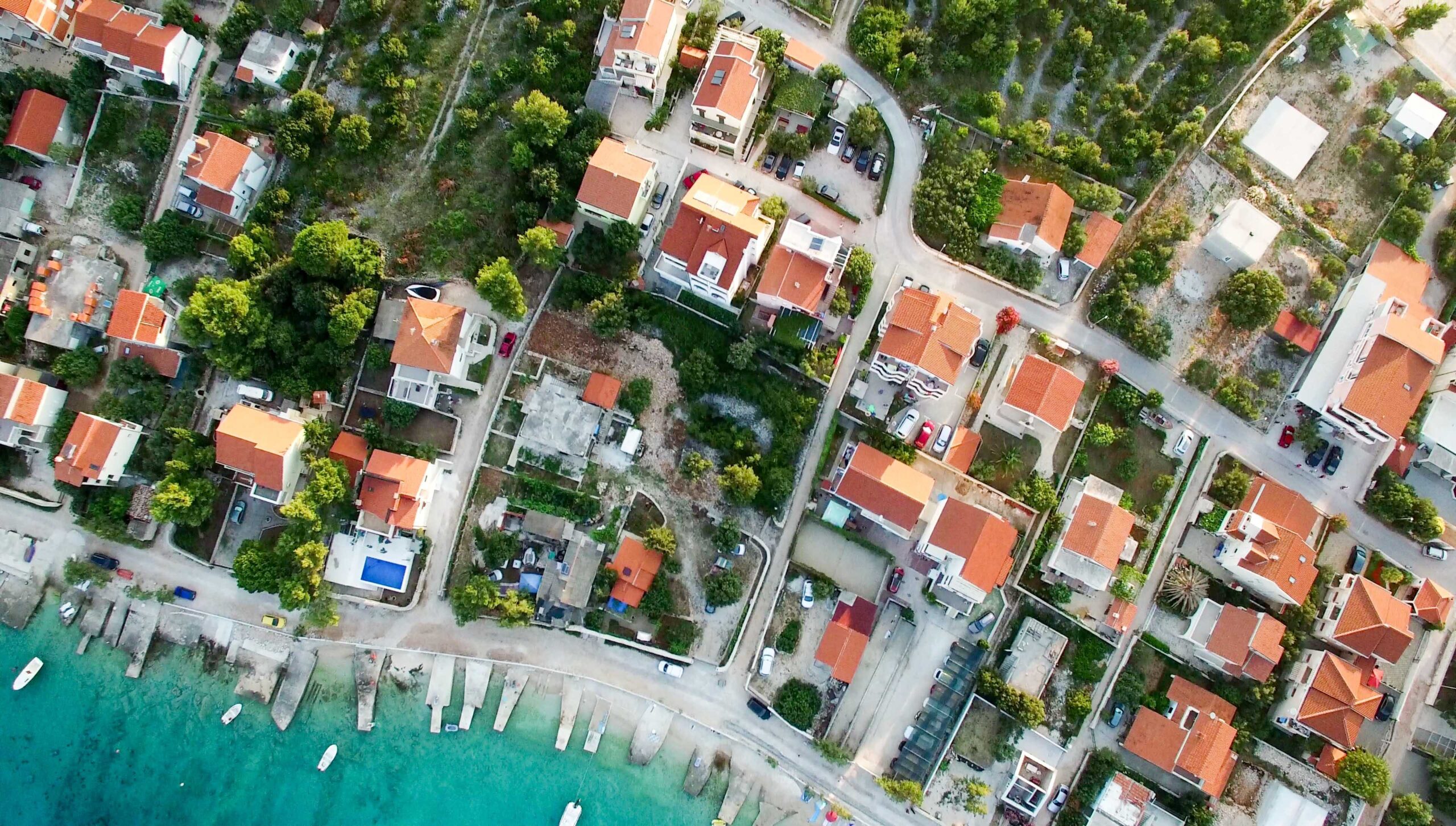 Bird's eye view of coastal neighborhood.
