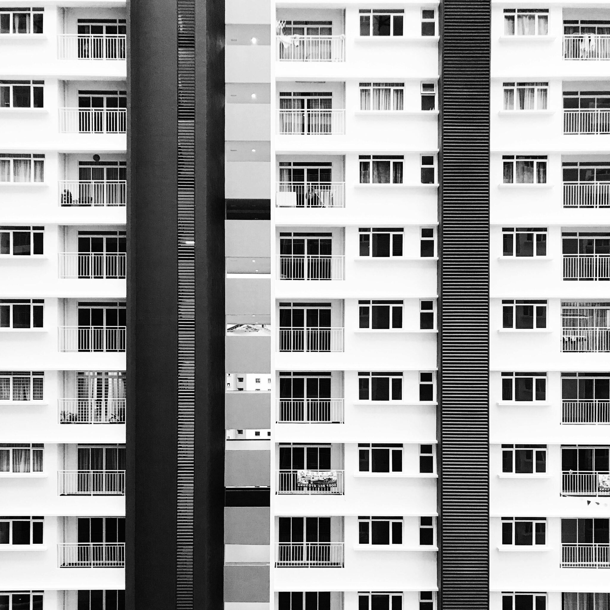 Black and white apartment complex